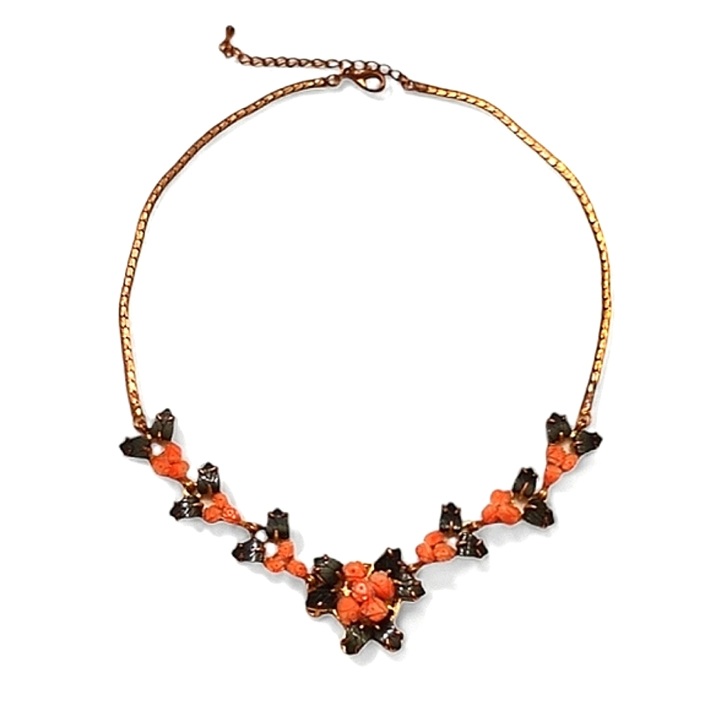 Coral and Jade 18KGP Flower Necklace